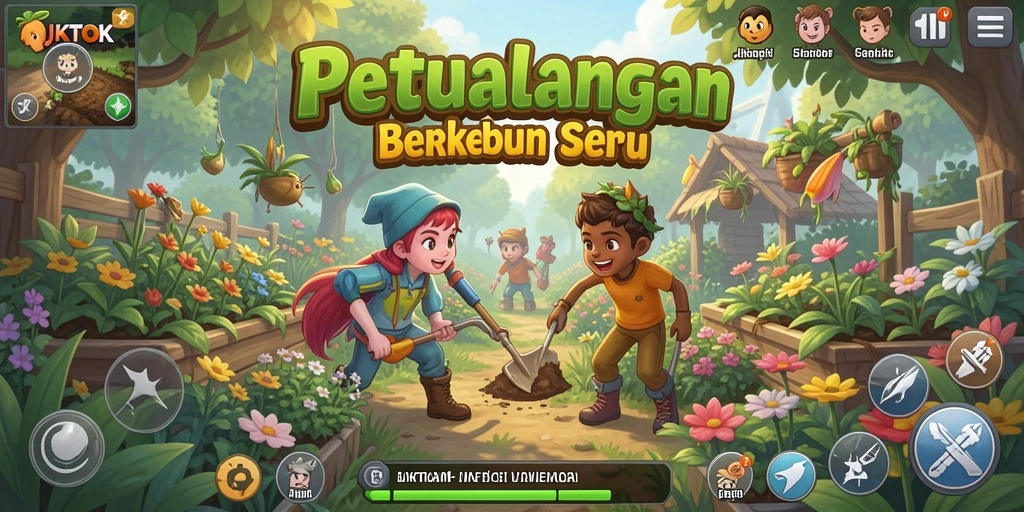 Gameplay JKTOK yang menggambarkan kebun yang indah dan subur.
